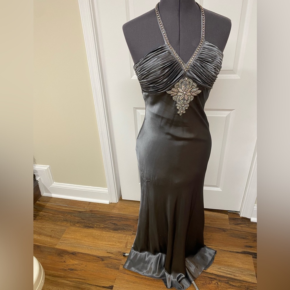 Grey long halter neckline  prom gown